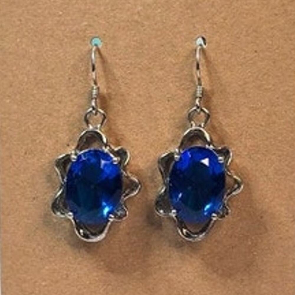 Faceted Blue Crystal Dangle 925 Sterling Silver Drop Vintage Earrings